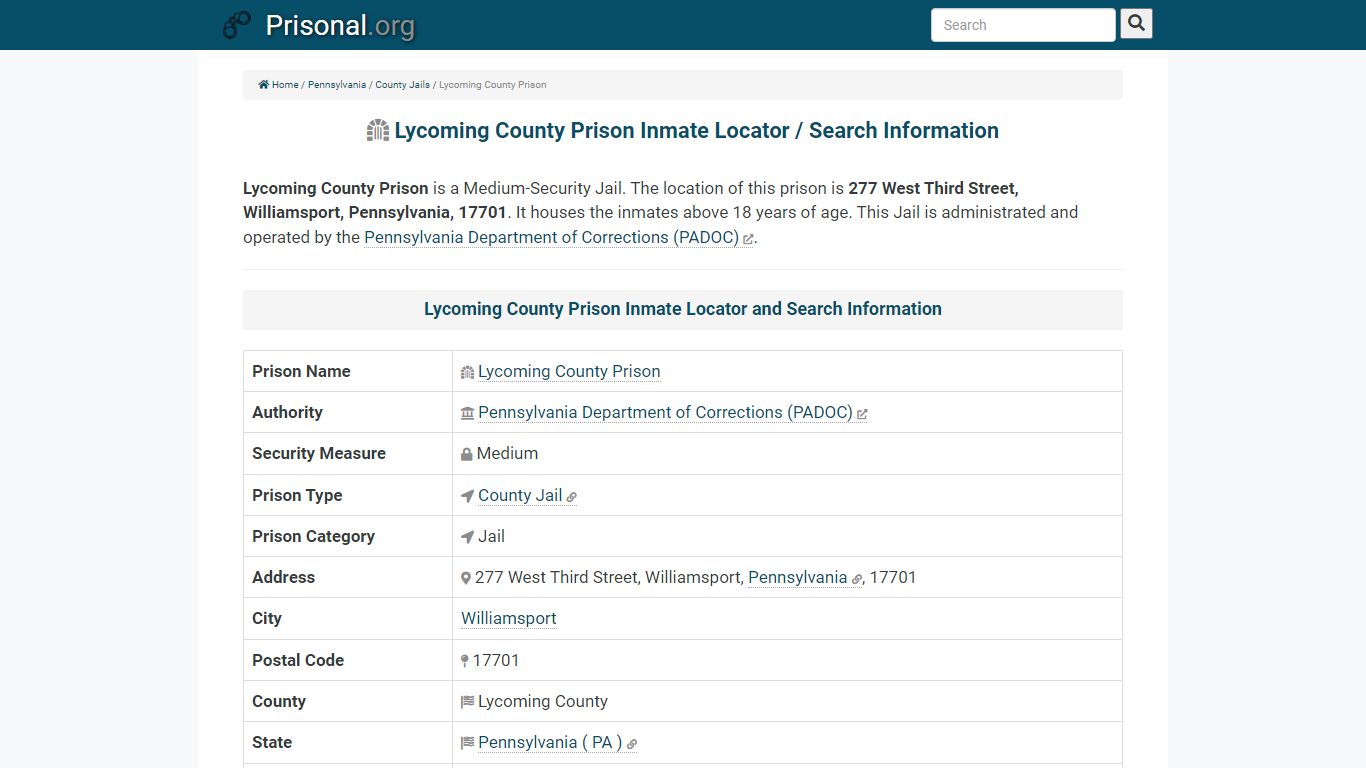 Lycoming County Prison-Inmate Locator/Search Info, Phone ...